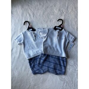 NWT Set Of TWO Matching Carter's Baby Boys Blue Fish Knit Short Set Twins 0-3 Mo